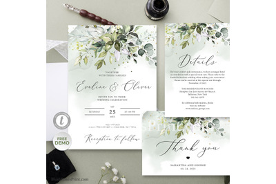 Greenery eucalyptus foliage and faux gold wedding invitation suite PSD