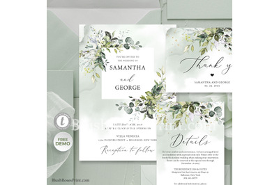 Greenery eucalyptus foliage and faux gold wedding invitation suite PSD