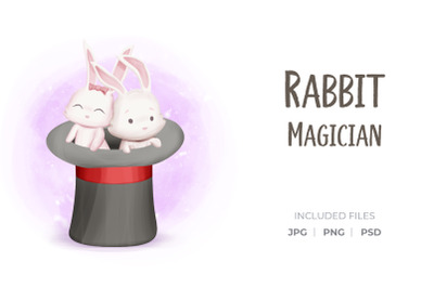 Rabbit Couple Inside Magician Hat Doing Magic Tricks