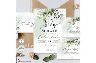 Greenery eucalyptus foliage and faux gold Baby Shower PSD