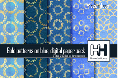 Blue seamless papers with gold patterns
