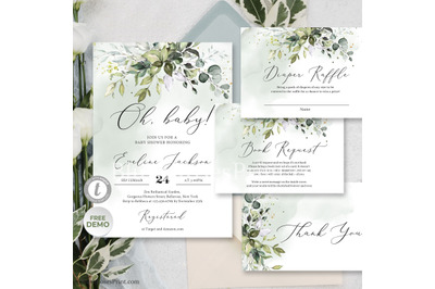 Greenery eucalyptus foliage and faux gold Oh baby invitation