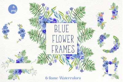 Blue Flower Watercolors Frames. Floral clipart