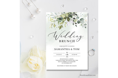 Greenery eucalyptus foliage and faux gold Wedding Brunch Z invitation