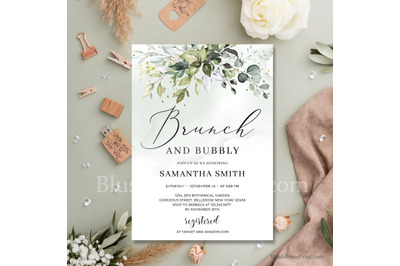 Greenery eucalyptus foliage and faux brunch and bubble  invitation
