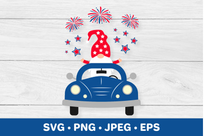 American patriotic retro truck with gnome. 4th of July SVG