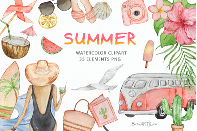 Watercolor summer beach clipart
