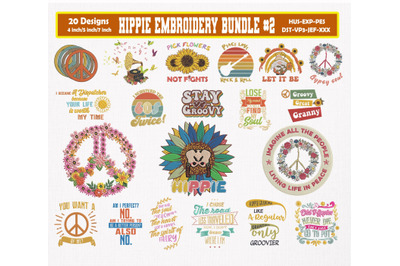 Hippie Embroidery bundle 20 Designs #2, Hippie &amp; Boho Style