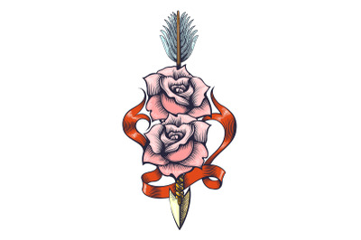 Two Rose Flowers Pierced By Arrow Tattoo