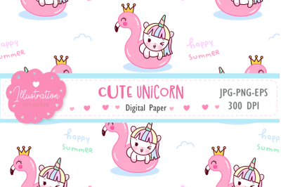 Summer Unicorn seamless pattern digital paper kawaii clipart