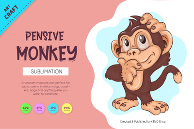 Pensive Cartoon Monkey. Crafting, Sublimation.