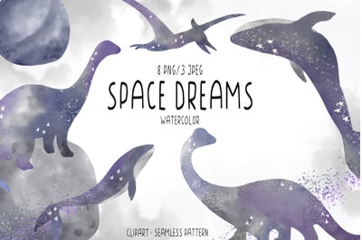 Watercolor space dreams clipart PNG, Dinosaur, whale clipart PNG
