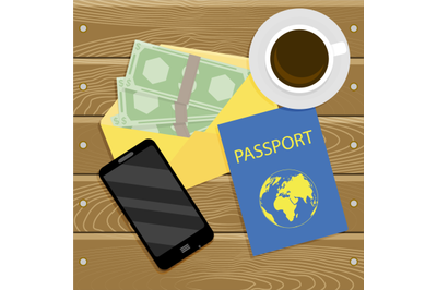 Concept of kit to travel or emigration, cash with id passport top view