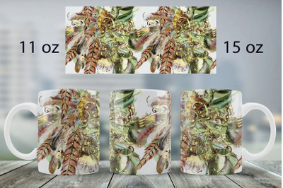 Boho feathers mug wrap design Fashion Mug sublimation png