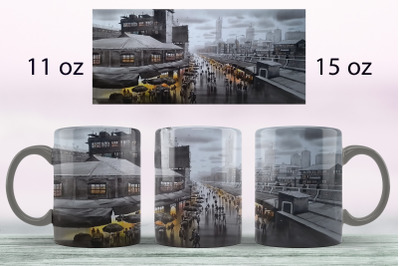 City landscape mug wrap design Rain sublimation png for mug