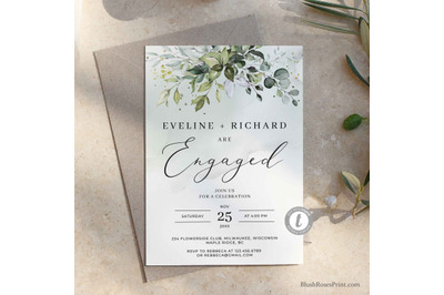 Greenery eucalyptus foliage and faux Engagement invitation