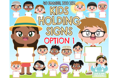 Kids Holding Signs Option 1 Clipart - Lime and Kiwi Designs