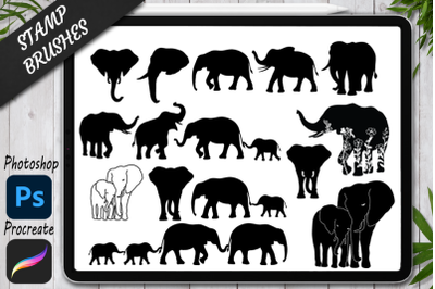 Elephants Stamps Brushes for Procreate and Photoshop. Family Elephants