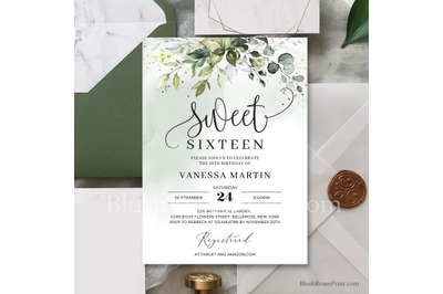 Greenery eucalyptus foliage and faux sweet sixteen invitation