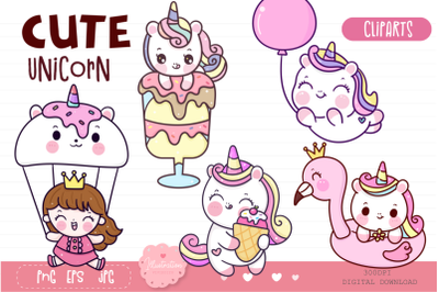 Summer unicorn kawaii clipart fairytale illustration