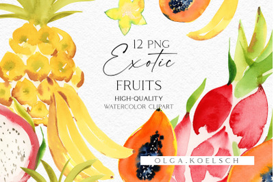 Watercolor fruit clipart, Exotic tropical fruits png fro summer menu,