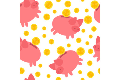 Piggy bank seamless pattern. Falling gold dollar coins and cartoon pin