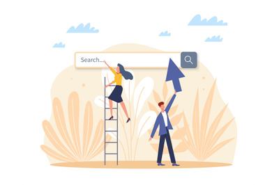 Search engine. Blank internet searching field. man holds arrow, girl o