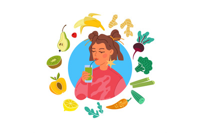 Smoothie. Girl drinks healthy beverage, woman hold fresh juice or cock