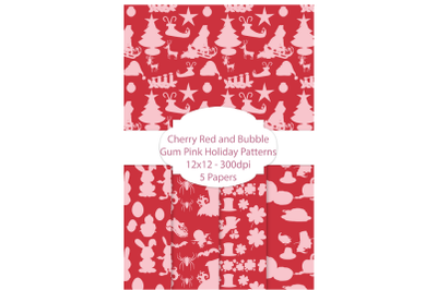 5 Holiday Patterns in Cherry Red and Bubble Gum Pink Colors