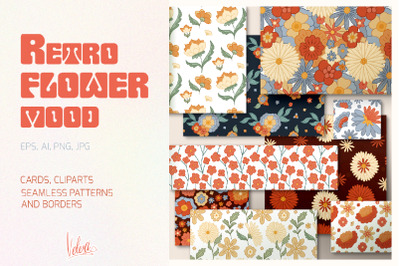 Vector retro flower mood patterns, cards, cliparts set