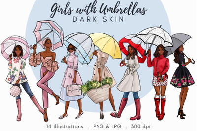 Girls with umbrellas - dark skin Watercolor Fashion Clipart
