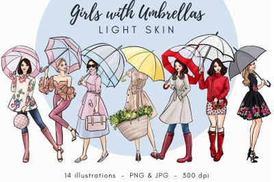 Girls with umbrellas - light skin Watercolor Fashion Clipart