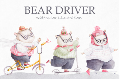 Bear on transport, childish illustration, travel, adventure