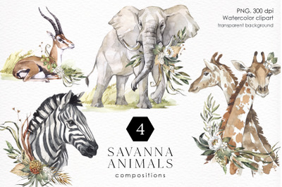 SAVANNA ANIMALS with flowers. Watercolor Africa PNG clipart