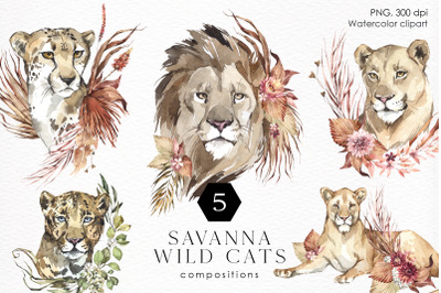 SAVANNA WILD CATS with dried leaves. Watercolor PNG clipart