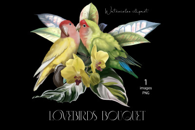Lovebird Parrot, Watercolor bouquet clipart