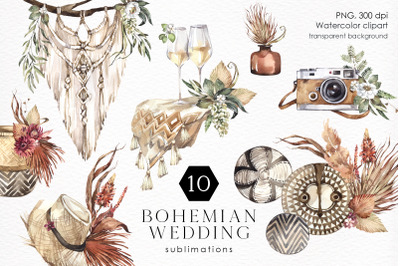 Bohemian Wedding Decoration set. Watercolor PNG clipart