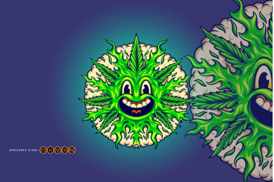 Weed leaf cute emoji with smoke bubble illustrations