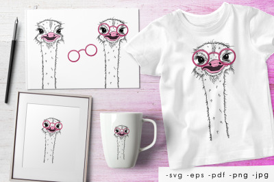 Ostrich with glasses. Design for printing