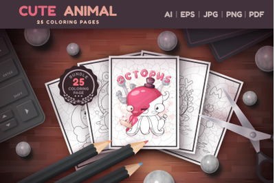 25 Bundle Coloring Pages Animal | Cartoon Character Set Drawing