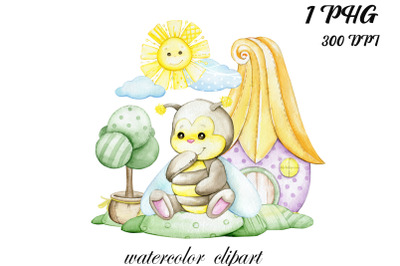 Bee, sun. Watercolor animal clipart PNG