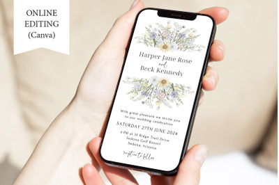 Electronic Wedding Template Wildflowers Invitation Canva Smartphone Bo