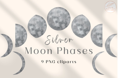 Silver Moon Phase Clipart. Watercolor Crescent. Celestial PNG