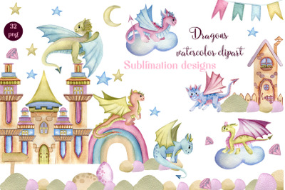 Dragons and fairytale castles watercolor clipart