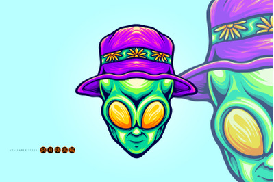 Funky alien head with summer beach hat illustrations