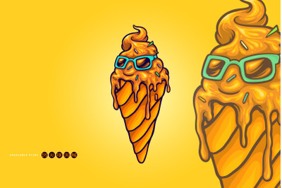 Funky ice cream melted with sunglasses illustrations