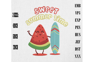 Sweet Summertime Watermelon Surfing Embroidery, Summer Vacation