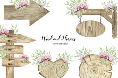 Watercolor wooden signboards with flowers. Floral wood clipart