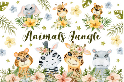 Watercolor animals jungle clipart