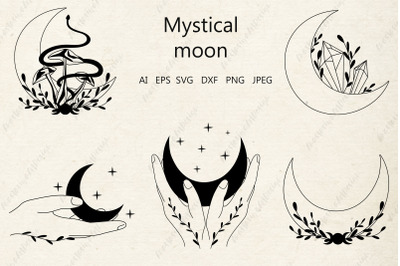 Mystic moon&2C; Celestial moon svg&2C; Boho snake and crystal